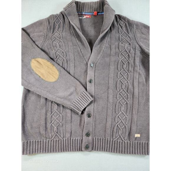 Izod‎ Mens Sweater Cardigan XL Brown Elbow Patches Cableknit Fisherman Grandpa - Picture 1 of 6